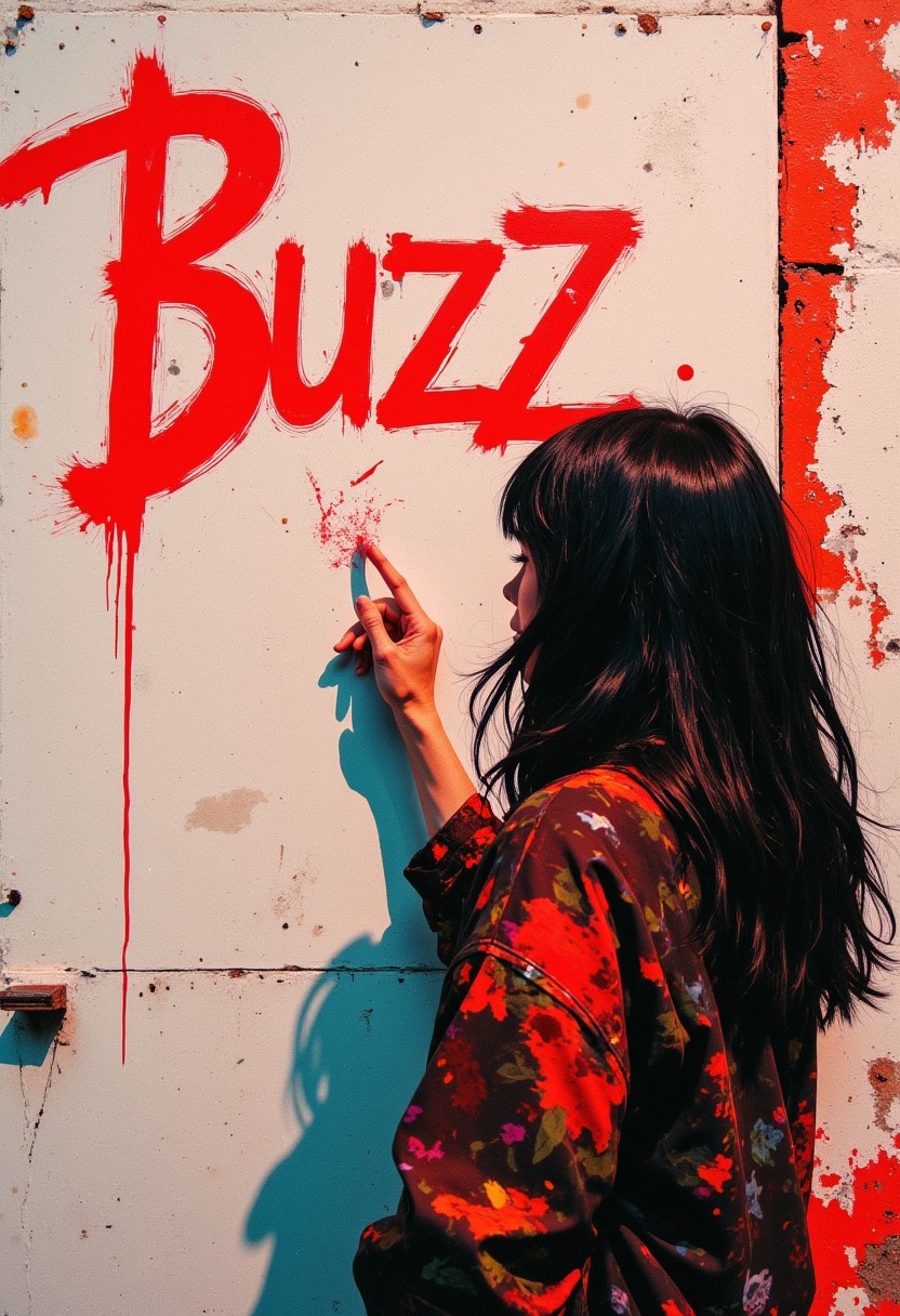 Goth girl writing on a wall with her finger in red paint. "Buzz". CAICO