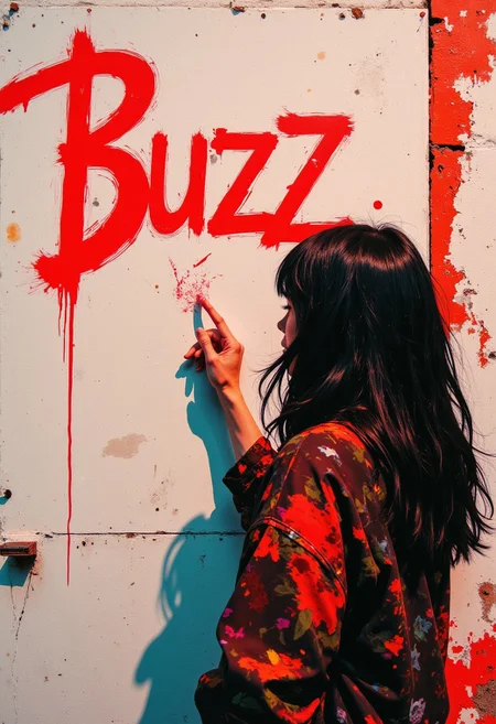 Goth girl writing on a wall with her finger in red paint. "Buzz". CAICO