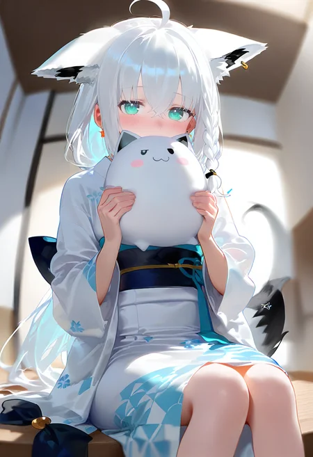 1girl, fubuzilla \(shirakami fubuki\), shirakami fubuki, hololive, ahoge, animal ear fluff, animal ears, blurry, blurry background, blush, braid, covered mouth, doll, ears down, fisheye, fox ears, fox girl, green eyes, hair between eyes, holding, holding doll, japanese clothes, kimono, long hair, looking at viewer, sidelocks, single braid, sitting, solo, virtual youtuber, white hair, yukata, sash, white kimono, blurry foreground, long sleeves, earrings, obi, fox tail, jewelry, tail, hair ornament, extra ears <lora:nyaliaXLillokrV531-000119:0.95>