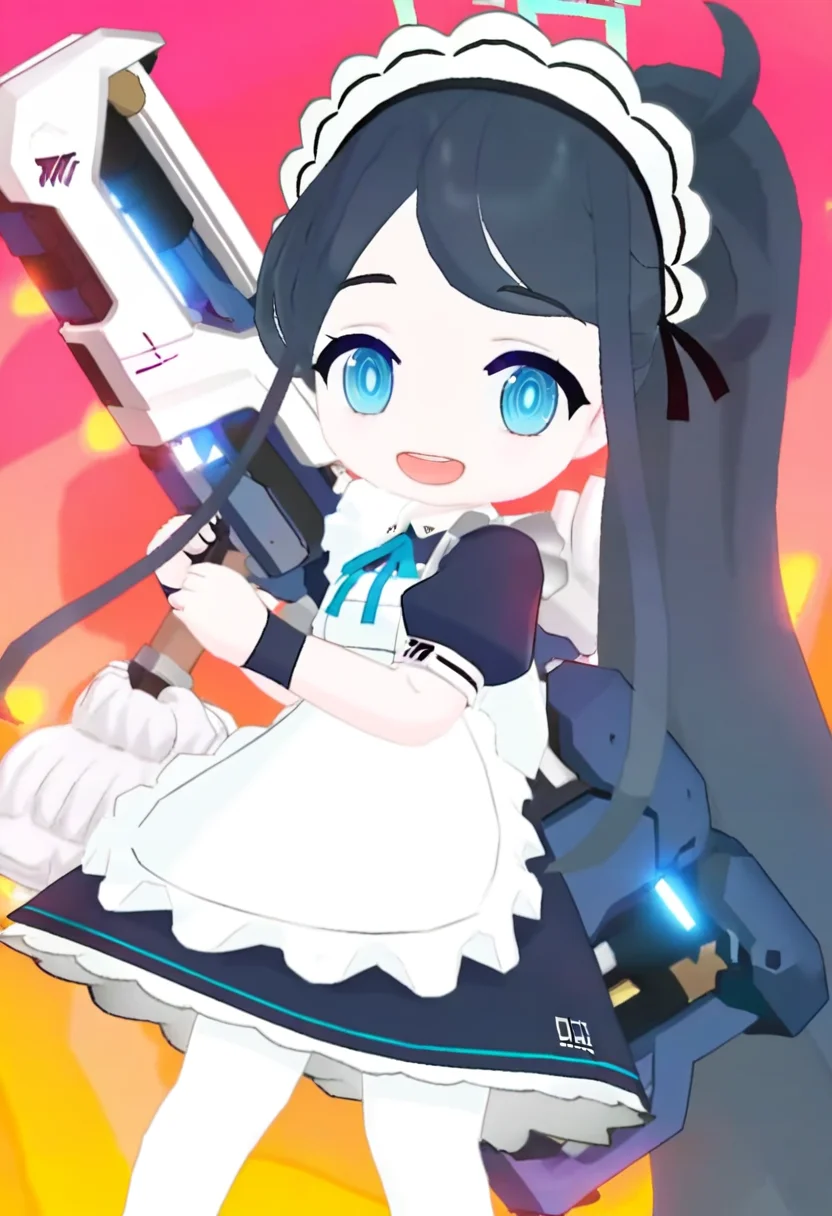 chibi, 1girl, aris \(blue archive\), solo, aris \(maid\) \(blue archive\), black hair, long hair, apron, blue eyes, maid, maid apron, maid headdress, pantyhose, weapon, holding, very long hair, official alternate costume, white apron, white pantyhose, halo, smile, short sleeves, open mouth, looking at viewer, dress, gun, teeth, holding weapon, black dress, frilled apron, ponytail, puffy short sleeves, puffy sleeves, frills, mop, upper teeth only, absurdly long hair, holding gun
masterpiece,best quality,high definition,ultra-detailed,<lora:ba-000200:1>,