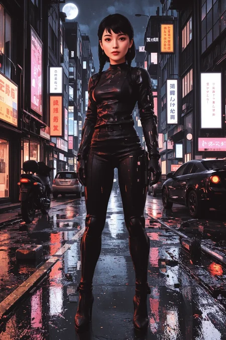 fishtail braid black hair young cyberpunk woman, anime, illustration, cyberpunk, futuristic, extremely detailed, portrait, standing, happy smile, beautiful cyberpunk tokyo buildings landscape, wet floor, windows, car, motorbike, moon in the sky, bright neon lights, screen holograms, kanjis, raytracing, hdr, high contrast, cinematic lights, backlight, reflections, legs, heels, sharp focus, luminous Espresso Brown robot glossy brilliant armor, body lights, body circuits, glossy lipstick, necklace, linear earrings, colorful, retrowave, shadows, vibrant colors, colorful, bright, pretty, beautiful, feminine, sexy, lovely, in love, adorable, fashion, <lora:Hand v2:1> <lora:Anti-Blur:2> <lora:Insane Detail Slider:0.5> <lora:flux.1_lora_flyway_Epic-detail_v2:0.3><lora:fluxenhancer:0.5> <lora:RetroAnimeFluxV1:0.3> <lora:CPA:0.6> <lora:Luminous_Shadowscape:0.3> <lora:Neon_Noir_FLUX:0.4> mad-neon-noir <lora:bv-cybstyenh-v1_rank16_bf16:0.3>