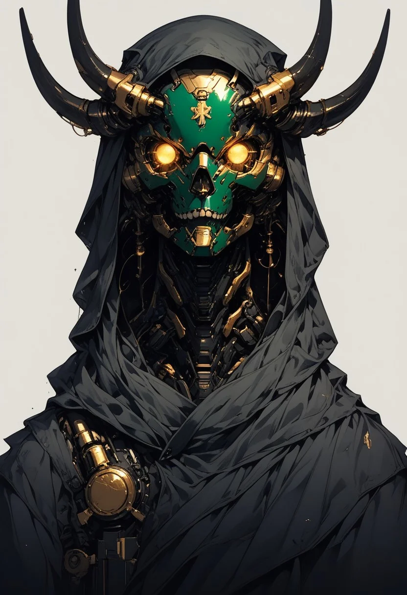score_9,score_8_up,score_7_up, g0ldl34f, solo, 1head, forest green helmet, no humans, glowing mechanical eyes, intricate ram horns, robot, mecha, beaten brown cloak, science fiction, cyborg, mechanical parts, humanoid robot, science fiction, sinozick style, flat color, dark theme, Expressiveh, l0g0, simple background