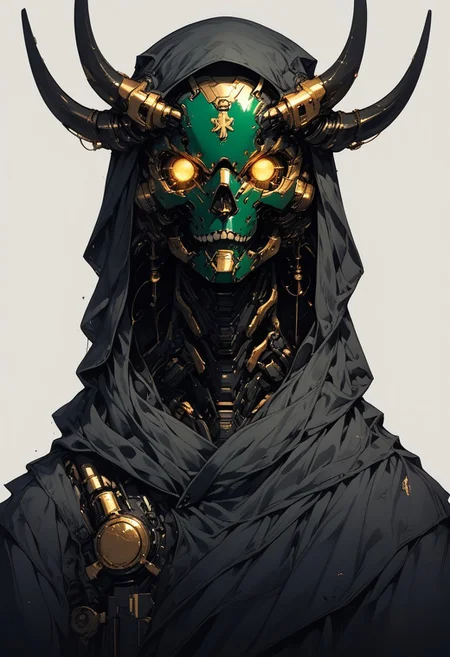 score_9,score_8_up,score_7_up, g0ldl34f, solo, 1head, forest green helmet, no humans, glowing mechanical eyes, intricate ram horns, robot, mecha, beaten brown cloak, science fiction, cyborg, mechanical parts, humanoid robot, science fiction, sinozick style, flat color, dark theme, Expressiveh, l0g0, simple background