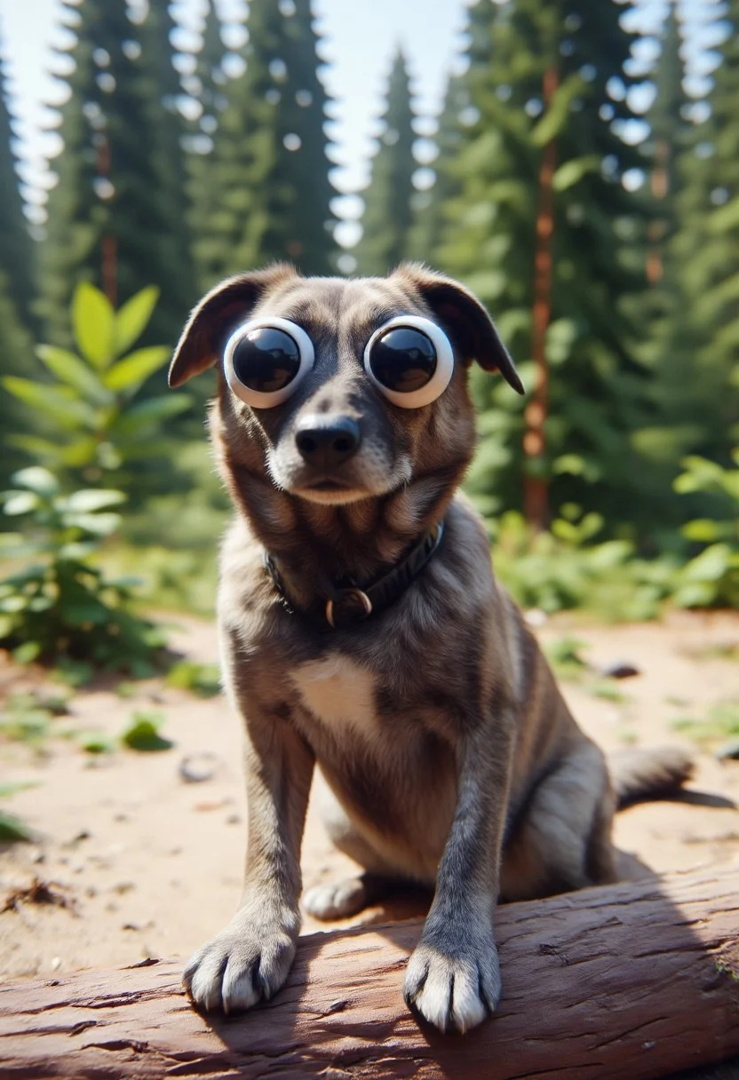 muscular build and a calm demeanor, lush forest. The dog's fur appears rough and slightly unkempt, fallen tree trunk in a sun-dappled forest. The dog, which gives it a speckled appearance. Its fur appears thick and slightly unkempt, Dog named Gaia has two large, exaggerated, black eyes with white pupils positioned in the middle of its surface, giving it a comical, anthropomorphic appearance..The image is a photograph of a dog lying on a sandy, revealing a relaxed, which appears to be a mix of husky and shepherd breeds