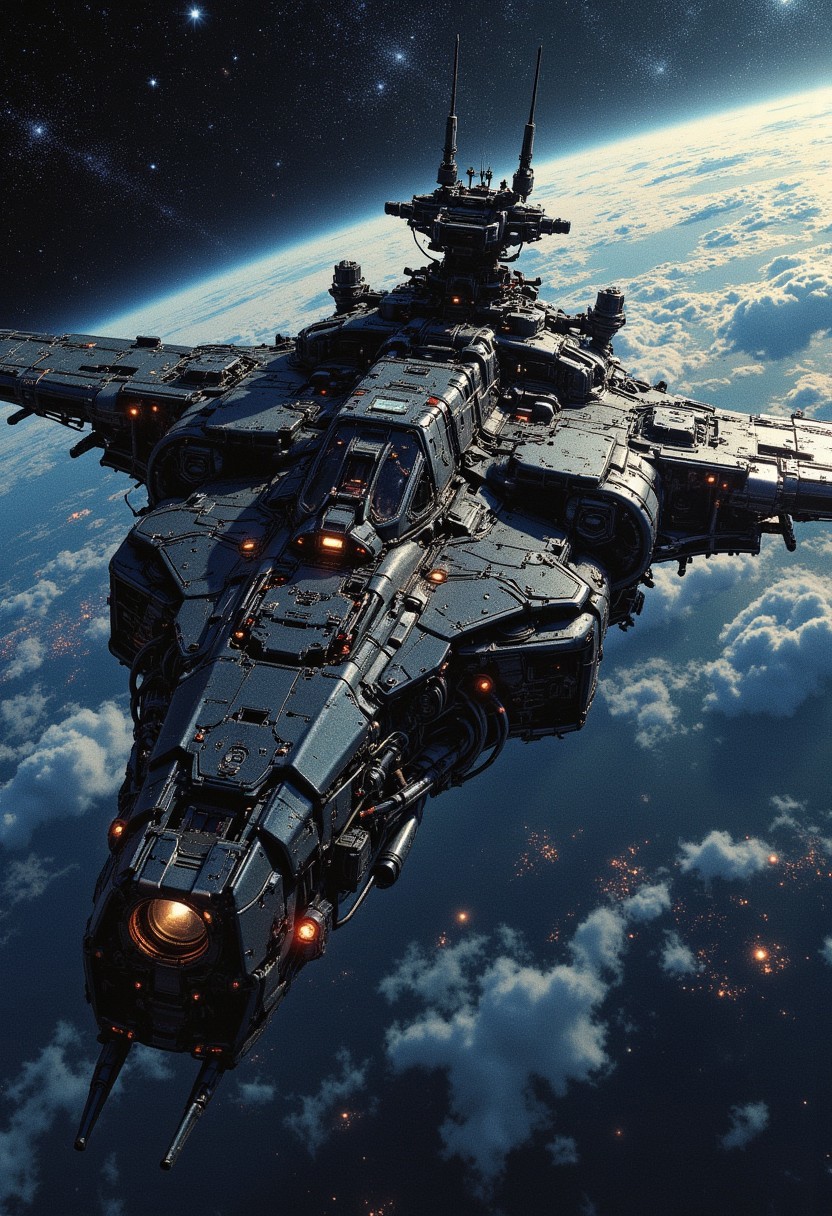 in the style of ck-mgs, a_skynet_cyberdyne_craft, the image is featuring a large military spaceship, adorned with intricate, metallic details, including bolts, wires, and mechanical components, giving it a highly advanced, industrial military look, dark space background, motion blur, nebulae