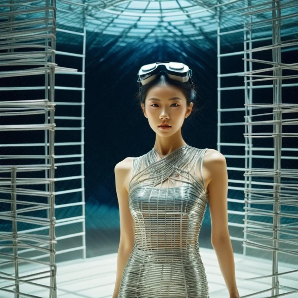wire art, interior design,daytime setting,cloudy sky,Hall of mirrors,Futuristic facility with VR simulations,Advanced facility with nanotech healing,dramatic makeup sexy asian young woman,film grain texture,analog photography aesthetic,visual storytelling,<lora:éä¸èºæ¯:0.7>