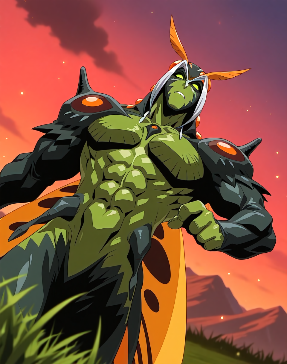 <lora:Ryokuga_(La_Blue_Girl_Returns)_(Illustrious)_(AD):1.35> Ryokuga, muscular, insect man, 
dutch angle, exterior, mountains, grass, 
male focus, gradient coloring, solo, close up, green body, green face, villain, hyper muscular, large shoulders, large biceps, glowing eyes, 
BREAK very awe, aesthetically pleasing, masterpiece, best quality, amazing quality, very aesthetic, perfect depth of field shot, in'ei, 
Smooth Quality, lazympos, IllustQualXL_Pos,