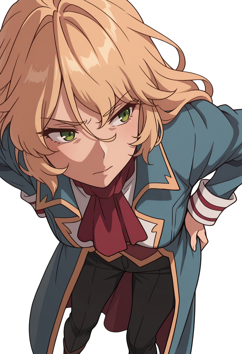 Smooth Quality,masterpiece,very intricate, high quality details, ultra realistic, high detailed skin,detailed enviorement,absurdres,
simple background, white background, 
sideways,standing, hands on hips, feet apart, determined, looking forward,  ,disappointed,
 <lora:Blade_cnn:0.8>bladecnn,1girl,  blonde hair, green eyes, long hair, 
long coat, ,gothic blouse,  ,pants,,