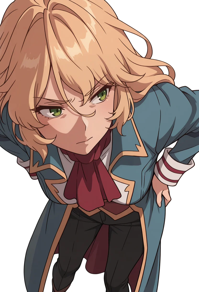 Smooth Quality,masterpiece,very intricate, high quality details, ultra realistic, high detailed skin,detailed enviorement,absurdres,
simple background, white background, 
sideways,standing, hands on hips, feet apart, determined, looking forward,  ,disappointed,
 <lora:Blade_cnn:0.8>bladecnn,1girl,  blonde hair, green eyes, long hair, 
long coat, ,gothic blouse,  ,pants,,