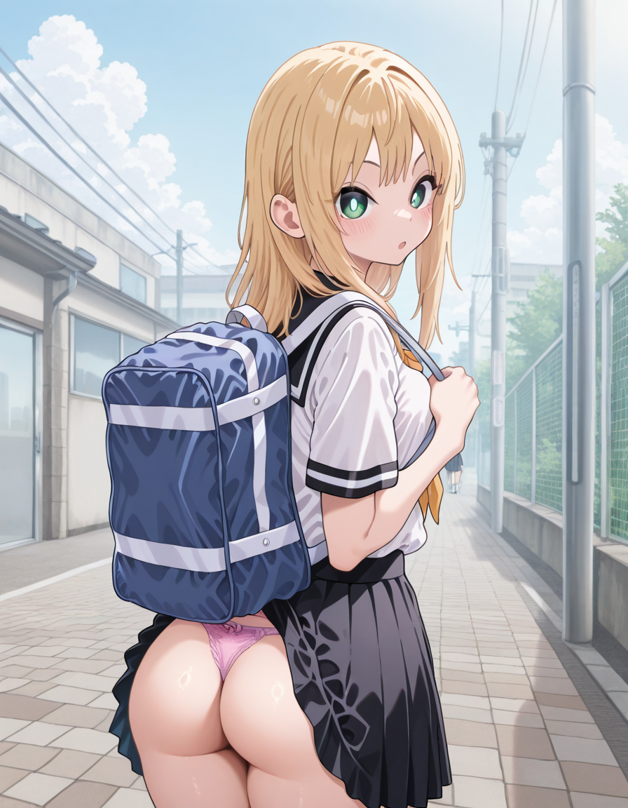 score_9, score_8_up, score_7_up, solo, 1girl, one girl, 
<lora:kyouno_asuka:1>, kyouno asuka, kyouno asuka\(kyouno asuka show\), blond hair, green eyes,
sensitive,
standing, school uniform, school backpack, Panty Shot, outdoor,
<lora:accidentalexposure_Illust_v1:0.8>, accidental exposure, 
skirt lift, skirt caught on object, backpack, panties, thong, accidental exposure, skirt stuck under backpack, looking at viewer, from behind, from side,
masterpiece, best quality, 4k