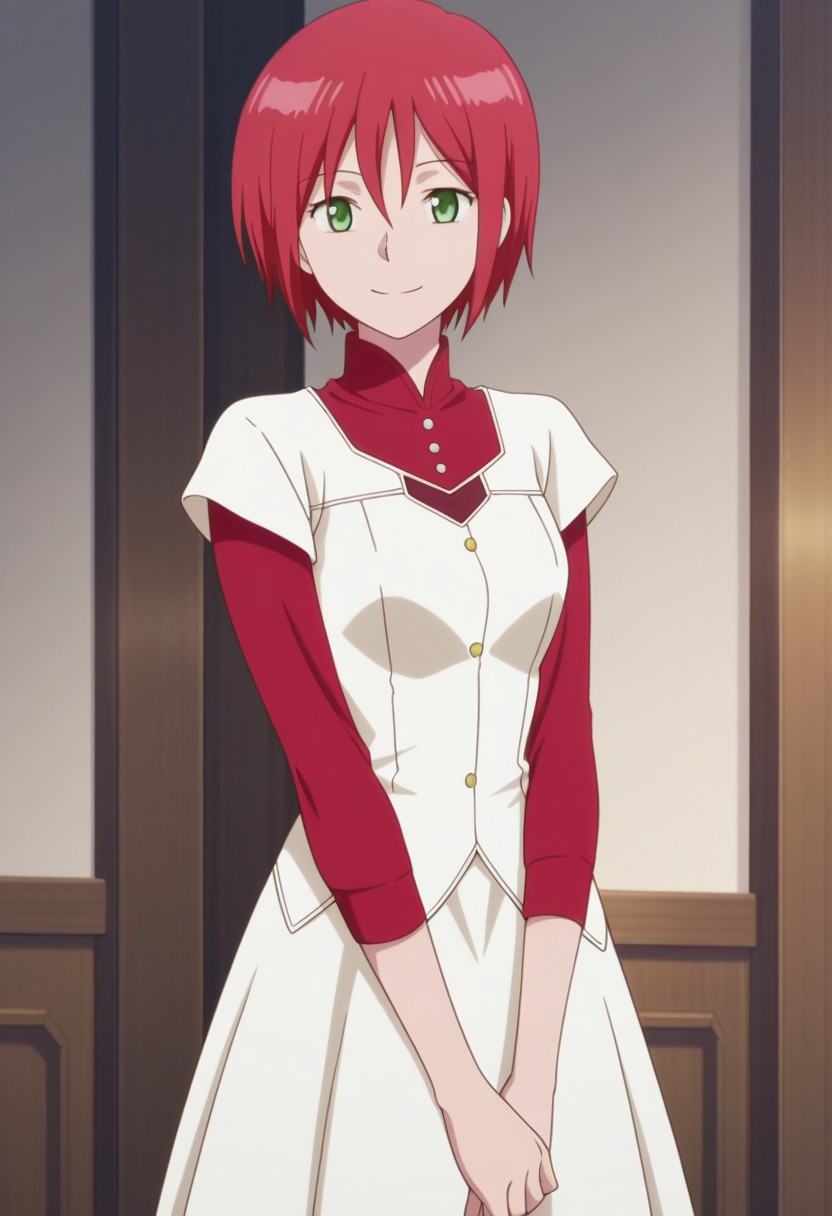 masterpiece,best quality,amazing quality, source_anime, 
shirayuki, 1girl, solo, green eyes, red hair, short hair, shirt, red shirt, high collar, dress, white dress, short over long sleeves, smile,