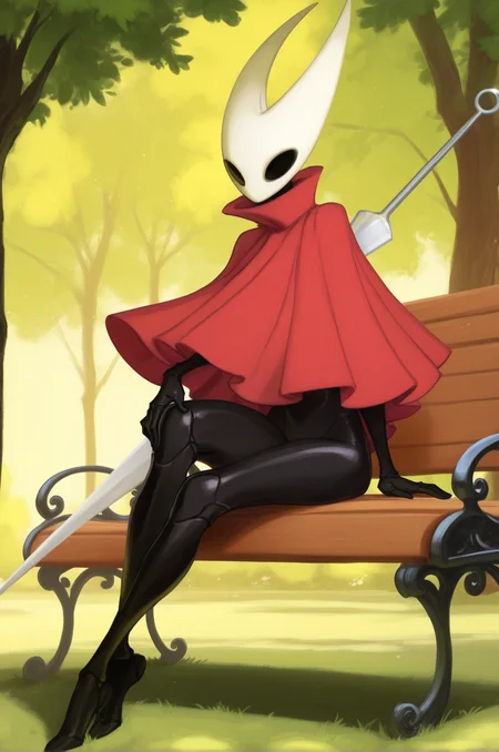 1girl, hollow eyes, hornet \(hollow knight\), red cloak, weapon on back, needle, park bench, trees, full body, <lora:Hornet_hollow_knight_Illustrious-000007:1>, masterpiece, best quality, newest, absurdres, highres, new, (khyle.:0.8), kaifei \(kaifei 29\),(ittla:0.7),wafferscotch,