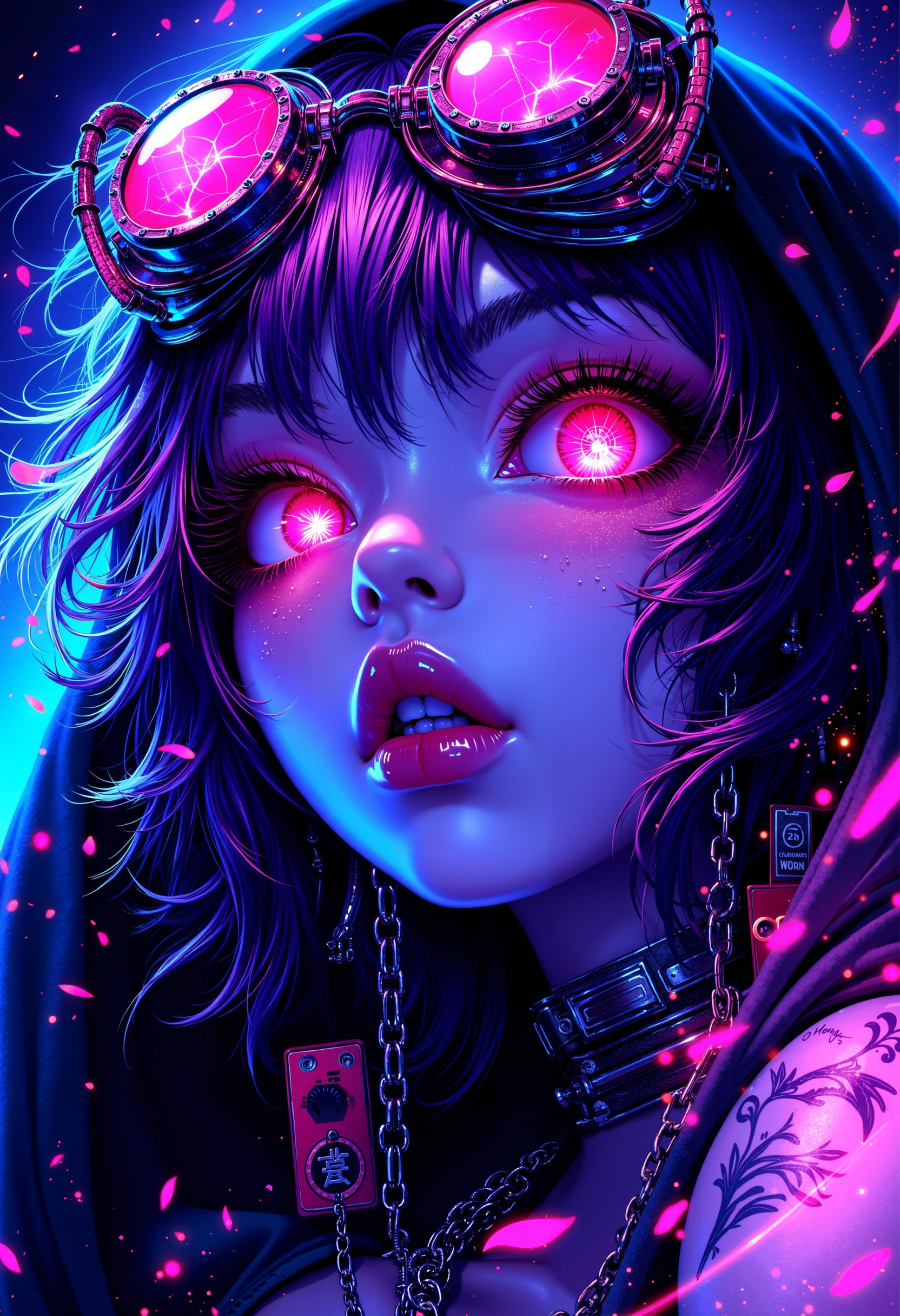 bo-neon, a highly detailed digital illustration in a vibrant, cyberpunk style, it features a close-up of a young woman's face, with striking, glowing pink and blue tones, her eyes are large and expressive, with a vivid, almost glowing pink hue, giving her an otherworldly appearance, she has short, tousled hair that is a mix of pink and purple hues, with some strands framing her face, her skin is pale, almost translucent, and her face is adorned with intricate, metallic details, including a series of small, circular goggles that glow with a pinkish hue, suggesting a futuristic or cyberpunk aesthetic, her lips are full and slightly parted, with visible piercings and a metallic chain connecting them, she wears a black hooded cloak that drapes over her shoulders, adding a sense of mystery and intrigue, the background is a gradient of deep blues and purples, with scattered, glowing particles and circuitry, enhancing the cyberpunk theme, the overall color palette is dominated by cool tones, with highlights of pink, blue, and purple, enhancing a dynamic and intense atmosphere, high quality, ultra detailed, colorful, abstract, abyss fantasy.<lora:FLUX Abyss Neon\Abyss Neon_epoch_5.safetensors:1.0:1.0>