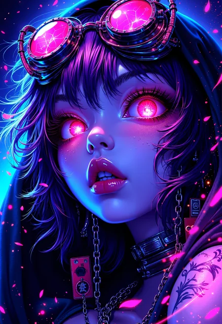 bo-neon, a highly detailed digital illustration in a vibrant, cyberpunk style, it features a close-up of a young woman's face, with striking, glowing pink and blue tones, her eyes are large and expressive, with a vivid, almost glowing pink hue, giving her an otherworldly appearance, she has short, tousled hair that is a mix of pink and purple hues, with some strands framing her face, her skin is pale, almost translucent, and her face is adorned with intricate, metallic details, including a series of small, circular goggles that glow with a pinkish hue, suggesting a futuristic or cyberpunk aesthetic, her lips are full and slightly parted, with visible piercings and a metallic chain connecting them, she wears a black hooded cloak that drapes over her shoulders, adding a sense of mystery and intrigue, the background is a gradient of deep blues and purples, with scattered, glowing particles and circuitry, enhancing the cyberpunk theme, the overall color palette is dominated by cool tones, with highlights of pink, blue, and purple, enhancing a dynamic and intense atmosphere, high quality, ultra detailed, colorful, abstract, abyss fantasy.<lora:FLUX Abyss Neon\Abyss Neon_epoch_5.safetensors:1.0:1.0>