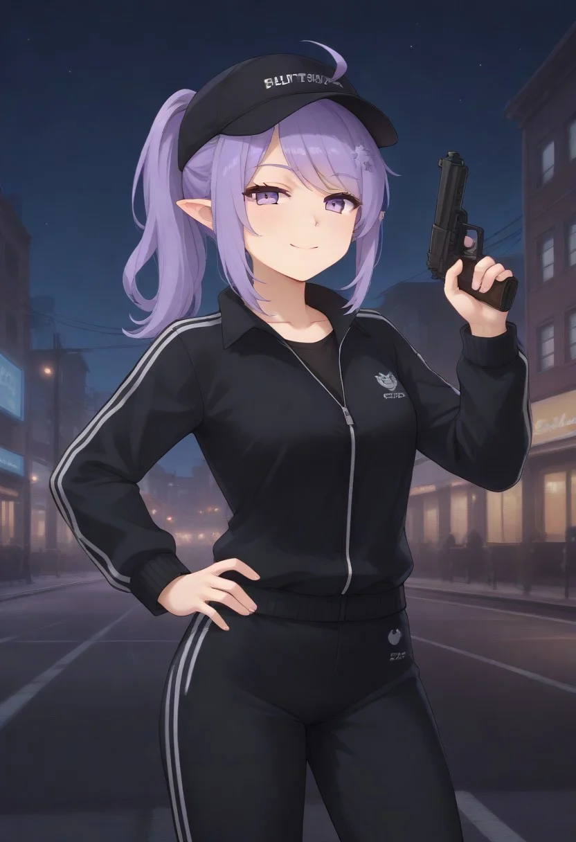 SleepyProject, track pants, track jacket, track suit, purple eyes, purple hair, ponytail, pointy ears, baseball cap, black jacket, black pants, ahoge, long sleeves, swept bangs,
looking at viewer, hand up, holding gun, handgun, m1911, smug, smile, half-closed eyes, hand on own hip, 
street, lamppost, city, neon lights, dark, night, night sky, 
1girl, solo, solo focus, highres, absurdres, light particles, backlighting, shade, lens flare, shiny skin, fine fabric emphasis,