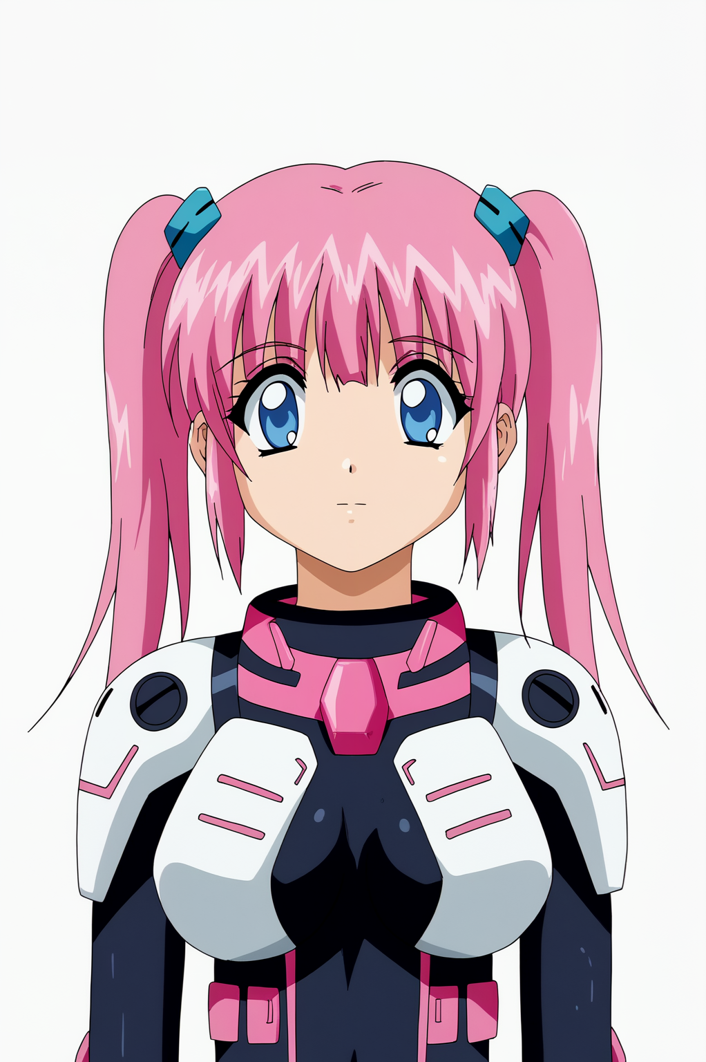 <lora:Divergence_Eve2:0.8>, white background, Kotoko, solo, twintails, pink hair, pilot suit, anime coloring