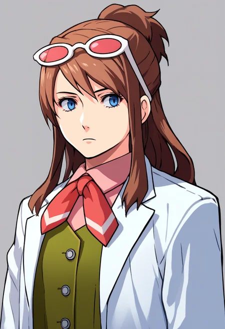 score_9, score_7_up, source_anime, zeroazureportraits, simple background, white background, solo, upper body, 1girl, ema skye, expressionless, looking at viewer, standing, brown hair, half updo, sunglasses, eyewear on head, blue eyes, white lab coat, sleeves rolled up, green vest, red neckerchief <lora:zs_ZeroAzurePortraitsXL:1> <lora:aa_emaskye_ponyXL:0.9>