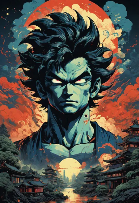 Anime illustration inspired by the four elements of nature, reminiscent of the style of James Jean, the iconic Goku from Dragon Ball navigates a port city setting, depicted in a poster format akin to the detailed atmospheric portraits of John Pitre, combining elements of deathcore and biopunk horror art. The dark and intricate scene unfolds with unique illustrations and precisionist oil painting techniques, incorporating airbrushed mystical landscapes and intricate psychedelic details, all in a palette of dark azure and red, evoking a witchcore aesthetic.