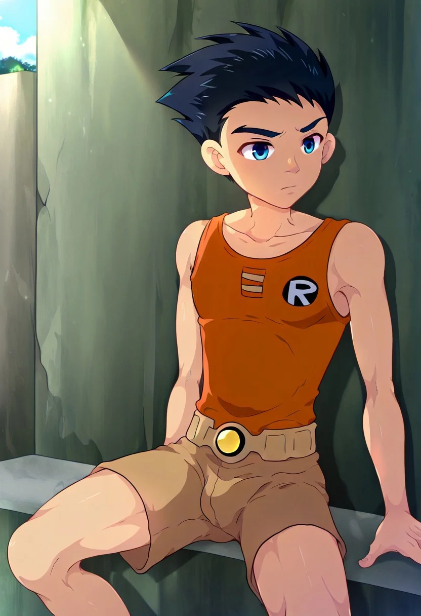 1boy, robin_titans, black hair, blue eyes, boy, solo, young man, small body, brown shorts, outdoor, sunny day, clear sky, avarage height, strong leg, medium build body, orange tank top, plain color tank top, plain tank top, lean body, mikkoukun, male focus