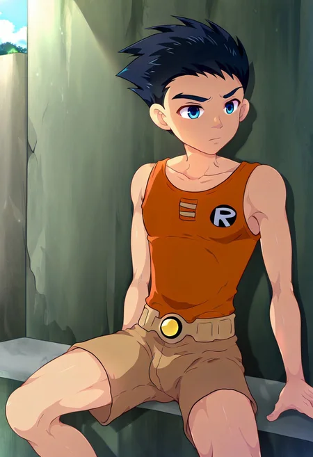 1boy, robin_titans, black hair, blue eyes, boy, solo, young man, small body, brown shorts, outdoor, sunny day, clear sky, avarage height, strong leg, medium build body, orange tank top, plain color tank top, plain tank top, lean body, mikkoukun, male focus
