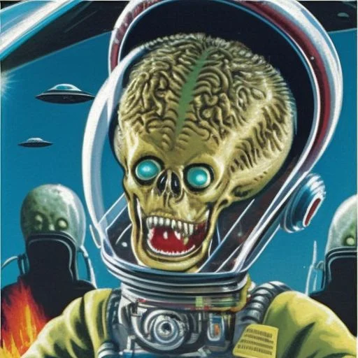 a portrait painting an alien in a space suit with a ray gun in the style marsattacks