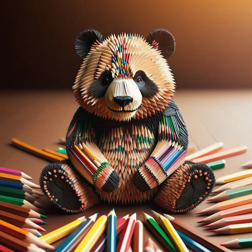 cute panda made out of pencils, office like savannah landscape, Pencil_morph_style
