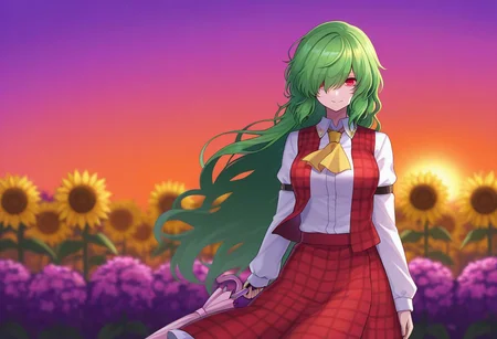 masterpiece, best quality, very aesthetic, absurdres, 1girl, solo, kazami_yuuka, Touhou, green_hair, very long hair, hair over one eye, red_eyes, shirt, white_shirt, plaid_clothes, vest, red_vest, skirt, plaid_vest, long_sleeves, red_skirt, collared_shirt, plaid_skirt, ascot, yellow_ascot, light smile, orange background, purple background, blurry, blurry background, gradient background, twilight, sunflower, flowers, garden, umbrella, closed umbrella, holding umbrella, standing, looking at viewer, cowboy shot