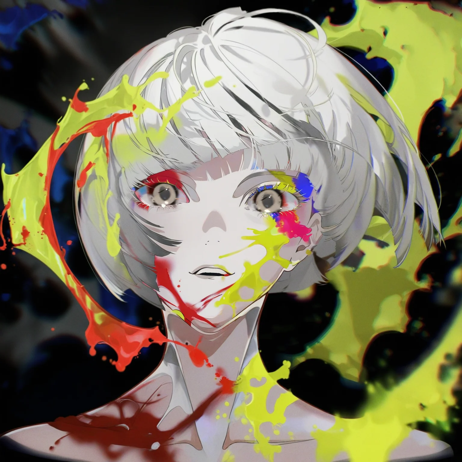 1girl, solo, portrait, looking at viewer, short hair, bangs, simple background, black hair, yellow eyes, white hair, multicolored hair, parted lips, blunt bangs, blood, bob cut, black background, chromatic aberration, paint splatter, paint, paint splatter on face, amazing quality, <lora:YoneyamaMai:1>