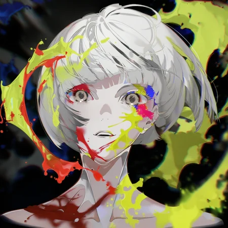 1girl, solo, portrait, looking at viewer, short hair, bangs, simple background, black hair, yellow eyes, white hair, multicolored hair, parted lips, blunt bangs, blood, bob cut, black background, chromatic aberration, paint splatter, paint, paint splatter on face, amazing quality, <lora:YoneyamaMai:1>