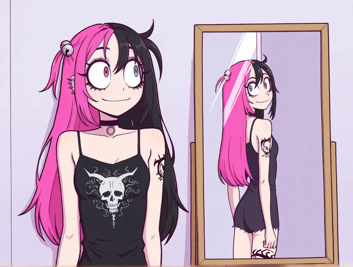 high quality, best quality, masterpiece, highres, very aesthetic, absurdres, detailed hair, <lora:NSFWFilter_illusXL_Incrs_v1:-.5>, solo , upper body, mirror, reflection,
punk, hair bell, (multicolored hair), split-color hair, hot pink hair, heterochromia, eyeliner, eyeshadow, makeup, multiple piercings, (complex tattoos), (arm tattoo:1.3, leg tattoo:1.3), small breasts, smiling, collarbone, choker,
, <lora:HoneyMapache:.9>, big eyes, skinny