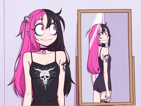 high quality, best quality, masterpiece, highres, very aesthetic, absurdres, detailed hair, <lora:NSFWFilter_illusXL_Incrs_v1:-.5>, solo , upper body, mirror, reflection,
punk, hair bell, (multicolored hair), split-color hair, hot pink hair, heterochromia, eyeliner, eyeshadow, makeup, multiple piercings, (complex tattoos), (arm tattoo:1.3, leg tattoo:1.3), small breasts, smiling, collarbone, choker,
, <lora:HoneyMapache:.9>, big eyes, skinny