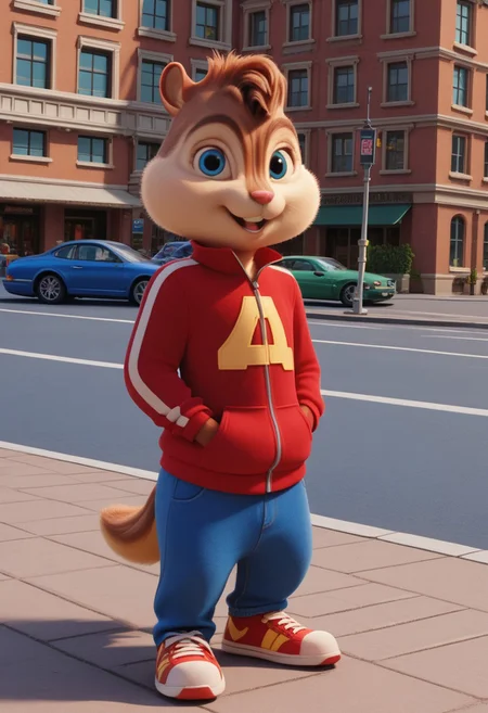 Score_9, score_8_up, score_7_up, source_furry, Alvin Seville, chipmunk, chipmunk male, furry male, furry, 3d, render, movie screencap, blue eyes, red track suit, blue jeans, sneakers, tail, hands in pockets, New York, City, buildings, streets, sidewalk, standing , looking at viewer, <lora:Alvin _Seville __Alvin_and_the_Chipmunks__CG_Movie_version:0.8>
