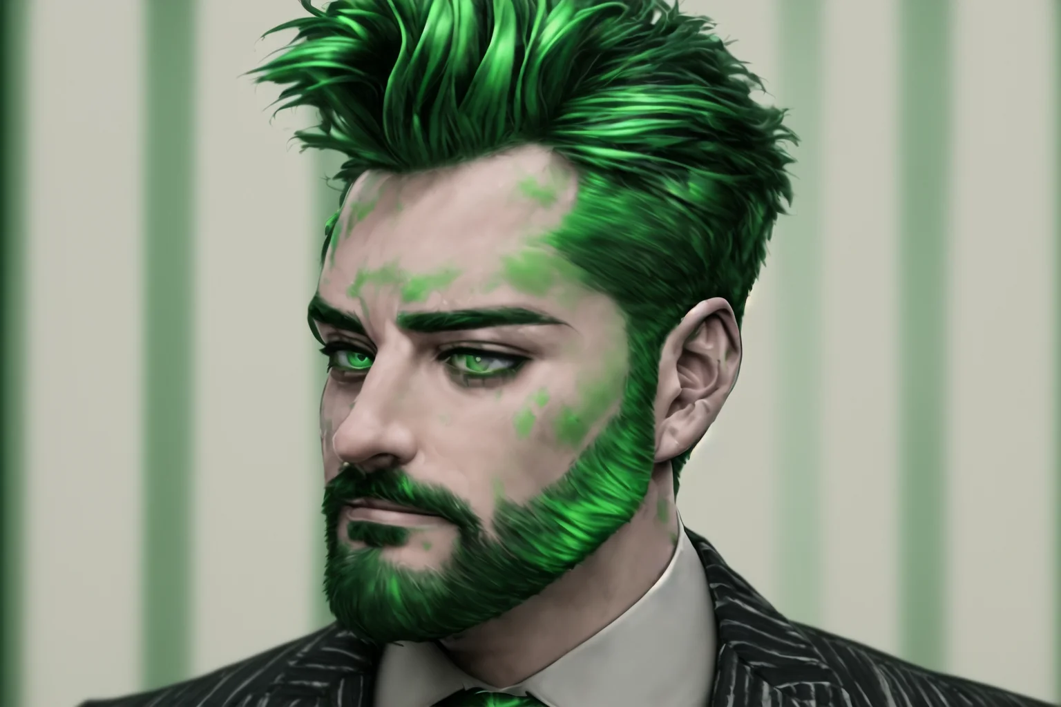 <lora:slimeTutorialFamily_beetlejuice:.6> 1boy, male focus, solo, Slime Tutorial, Alex Brightman as Beetlejuice, masculine, green hair,(masterpiece, best quality,ultra-detailed, highres, male focus), perfect face, side lighting, lustrous skin,(bloom), (shine), lighting, ray tracing, male focus, necktie, facial hair, 1boy, beard, formal, suit, green hair, striped,, bright green hair, mustache, manly, looking at viewer, green necktie, pants, shirt, jacket, pinstripe suit,depth_of_field, very detailed background, highly detailed background, Masterpiece, Ultra detailed, great composition, (Highest picture quality), (Master's work), depth of field, solo, extreme light and shadow, masterpiece, rich in detail, (highest quality), (masterpiece), (detailed eyes), (handsome) detailed, beautiful detailed eyes,(straight-on),(masterpiece), (best quality), (ultra-detailed), (best illustration),(best shadow),perfect lighting , perfect anatomy , vivid colors