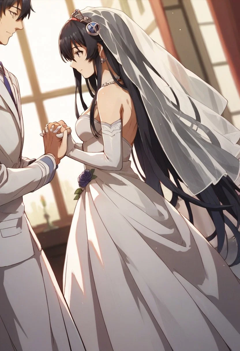 score_9_up, score_8_up, score_7_up, source_anime, LUVELIA SANCTOS, 1girl, long hair, black hair, hair ornament, gloves, 1boy, dress, very long hair, solo focus, elbow gloves, white dress, holding hands, wedding dress