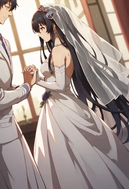 score_9_up, score_8_up, score_7_up, source_anime, LUVELIA SANCTOS, 1girl, long hair, black hair, hair ornament, gloves, 1boy, dress, very long hair, solo focus, elbow gloves, white dress, holding hands, wedding dress
