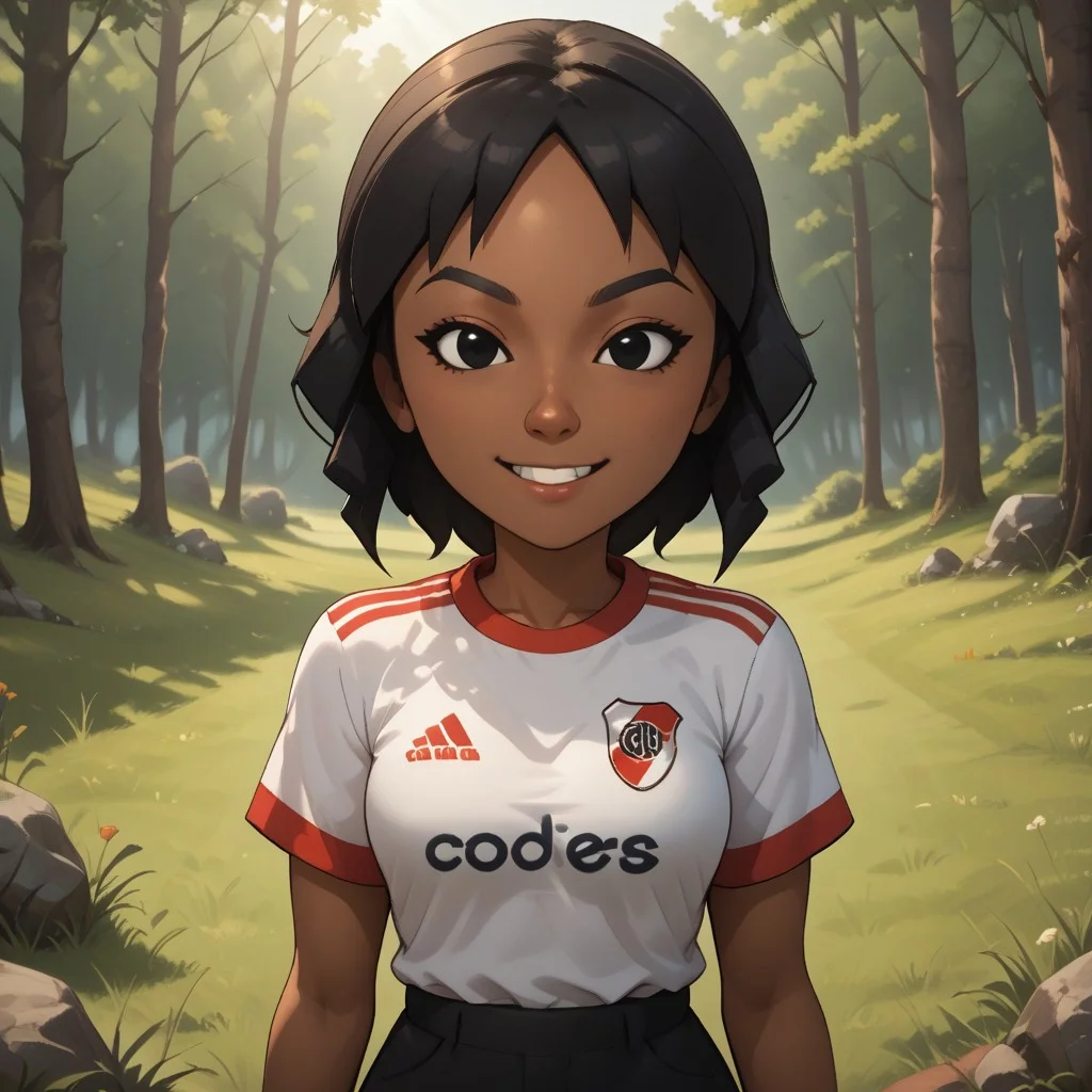 score_9, score_8, BREAK, solo, mii, wii, 1girl, female mii, wii sports, cute, black hair, black eyes, black eyebrows, RiverPlate, striped shirt, striped, shirt, white shirt, short sleeves, clothes writing, sportswear, soccer uniform, black pants, shoes, dark skin, dark skin female, Haru_(Wii_Sports), nintendo mii, modern_mii, classic_mii, adult female, mature female, breasts, sexy pose, self portrait, smile, outdoors, sunlight, shadows, evening lighting, natural lighting, forest, trees, grass, orange sky, sunset