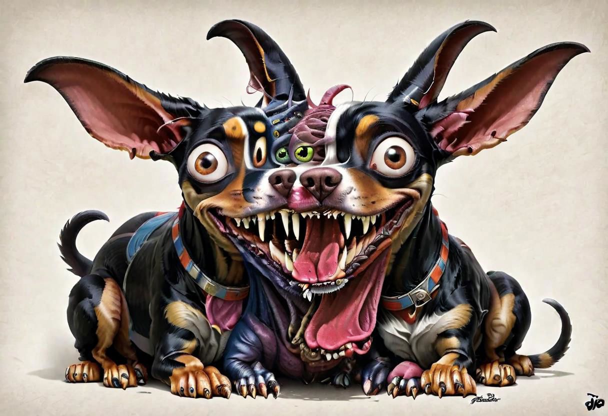 photorealistic high details, siamese twins fleshmutant skinny fuzzy baby mooron mad random color smiling lady dobermann full tail and full ginormous ears, shortest legs, high with meth, striped black and white, dog abomination with huge eyes , wearing an italian fancy hat,art by pixar , biotech inserts, fighting a big rabbit hidden in a hole in the big yellow wall, all inside an italian gim <lora:Fleshmutant_R2-000003:1>