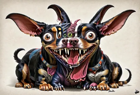 photorealistic high details, siamese twins fleshmutant skinny fuzzy baby mooron mad random color smiling lady dobermann full tail and full ginormous ears, shortest legs, high with meth, striped black and white, dog abomination with huge eyes , wearing an italian fancy hat,art by pixar , biotech inserts, fighting a big rabbit hidden in a hole in the big yellow wall, all inside an italian gim <lora:Fleshmutant_R2-000003:1>