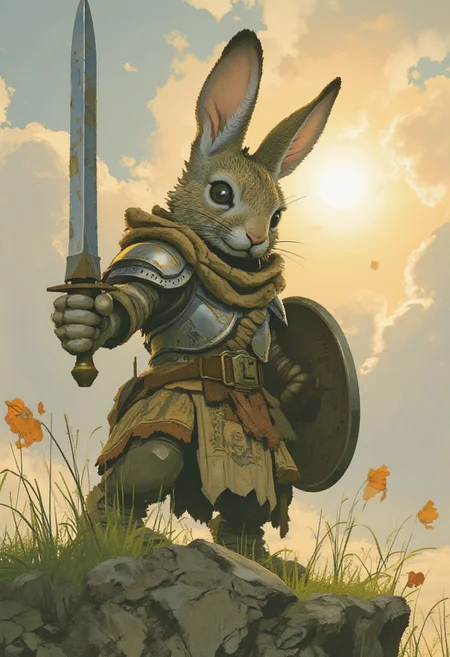 comic art by Mike Allred,
A humanoid rabbit warrior stands valiantly on a grassy hilltop, bathed in the light of the setting sun. Clad in intricately designed armor that combines elements of medieval and fantasy styles, the rabbit's long ears are adorned with silver rings. In one hand, it holds a gleaming sword, while the other clutches a shield emblazoned with a family crest. The warrior's eyes are fierce and determined, reflecting the resolve to protect its homeland,
in the style of decaying animatronic, claymation, VHS screen grab, grainy, old footage, in the style of an old 80's VHS dark fantasy, VHS screen grab, grainy, old footage
art by torikun, SentinelBot, OBxiaoxiang
