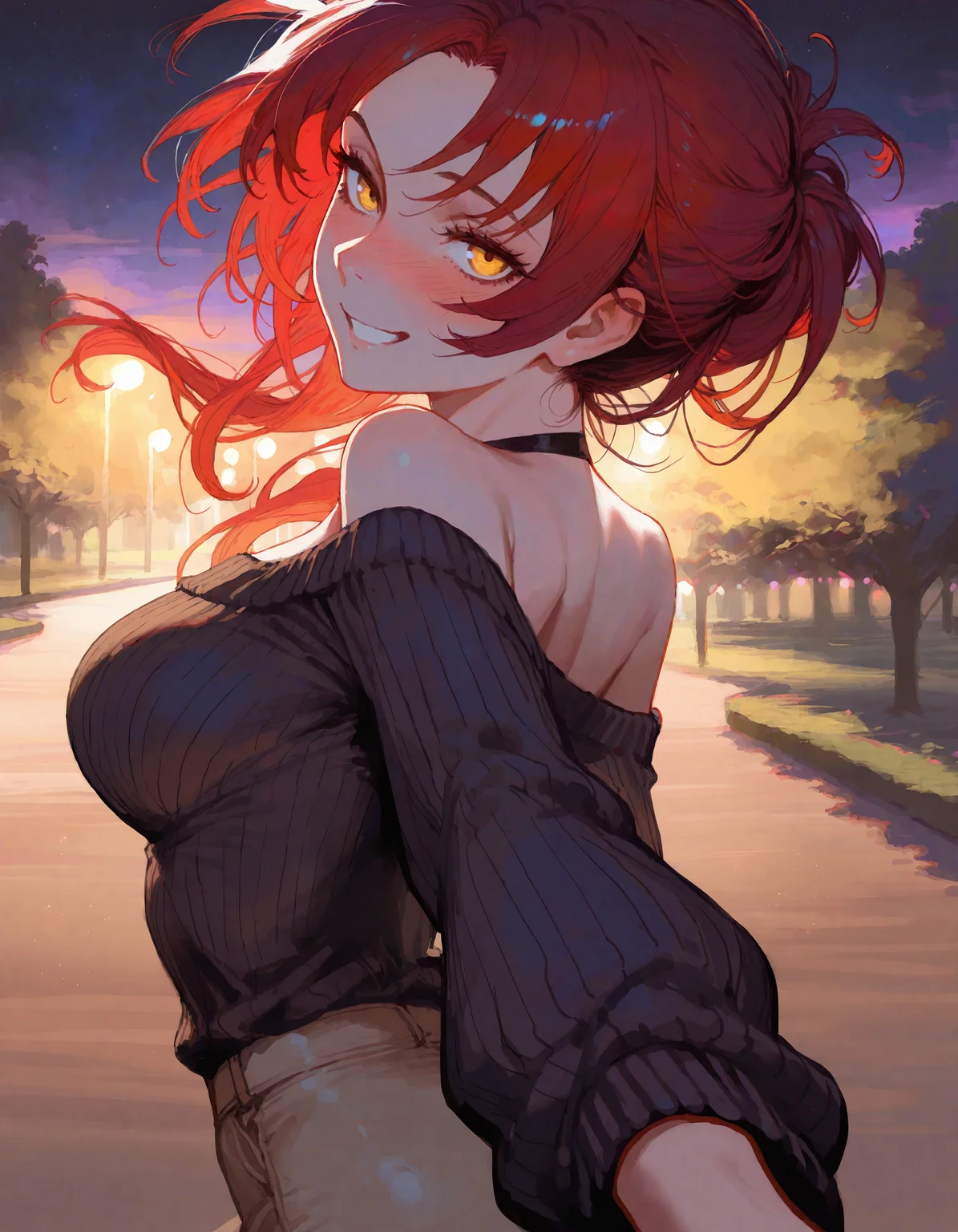 masterpiece,best quality,newest,very aesthetic,absurdres,very awa,highres,(yoneyama mai:0.4),(rella:0.4),(cutesexyrobutts:0.4),(ilya kuvshinov:0.4),newest,year 2024,year 2023,<lora:ponyv4_noob1_2_adamW:0.6>,1girl,mature female,murata himeko,red hair,yellow eyes,happy,smile,from side,from behind,looking at viewer,outstretched arm,reaching towards viewer,casual,off off-shoulder sweater,walking,drunk,night,
blush,pov,park,good end,cowboy shot,
