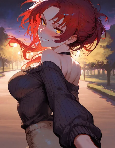 masterpiece,best quality,newest,very aesthetic,absurdres,very awa,highres,(yoneyama mai:0.4),(rella:0.4),(cutesexyrobutts:0.4),(ilya kuvshinov:0.4),newest,year 2024,year 2023,<lora:ponyv4_noob1_2_adamW:0.6>,1girl,mature female,murata himeko,red hair,yellow eyes,happy,smile,from side,from behind,looking at viewer,outstretched arm,reaching towards viewer,casual,off off-shoulder sweater,walking,drunk,night,
blush,pov,park,good end,cowboy shot,