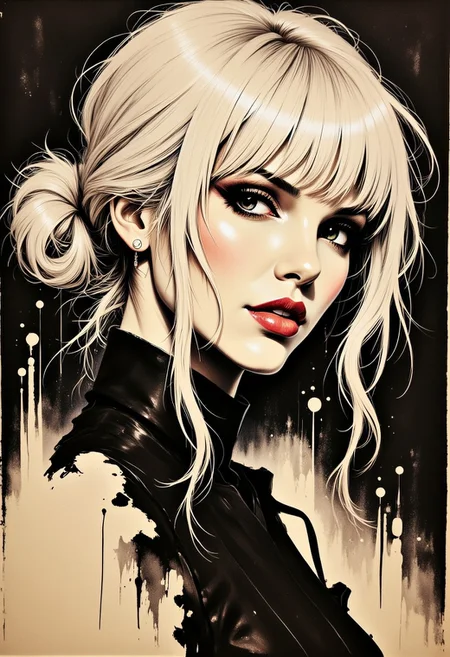 on rice paper, sepia, henna, Silhouette Art, magnificent, dark background, portrait of stunning japanese woman, messy long platinum hair, bangs, sidelocks, seductive, sultry, lustful, red lips, direct gaze, light hitting one side of face, inksplash abstract background