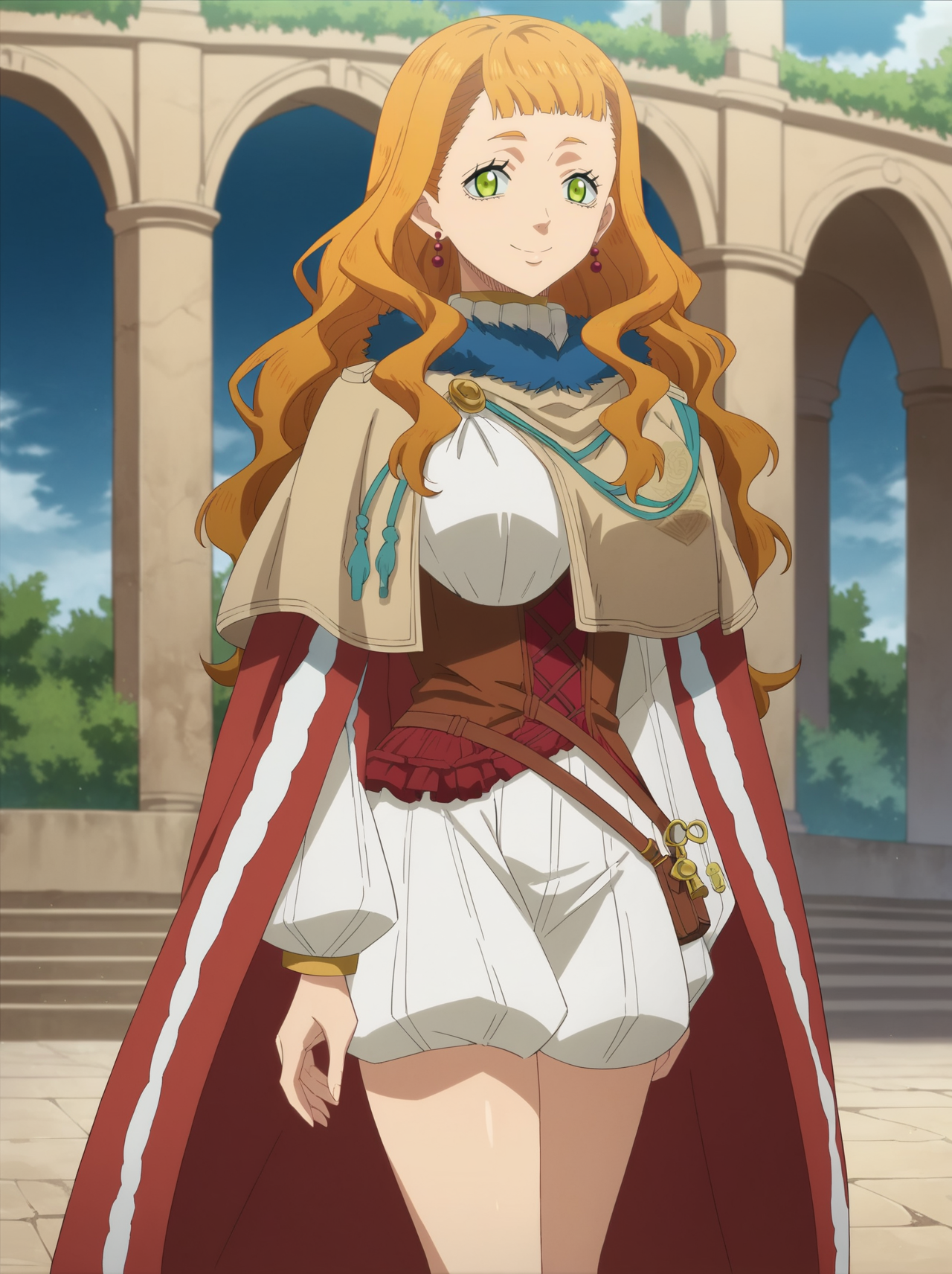 anime artwork score_9, score_8_up, score_7_up, source_anime, 1girl, outdoors,  looking at viewer, large breasts,  standing, thighs, smile,  <lora:Mimosa_Black_Clover:1> mimosa_v, long hair, orange hair, green eyes, jewelry, earrings, wavy hair, cape . anime style, key visual, vibrant, studio anime, highly detailed