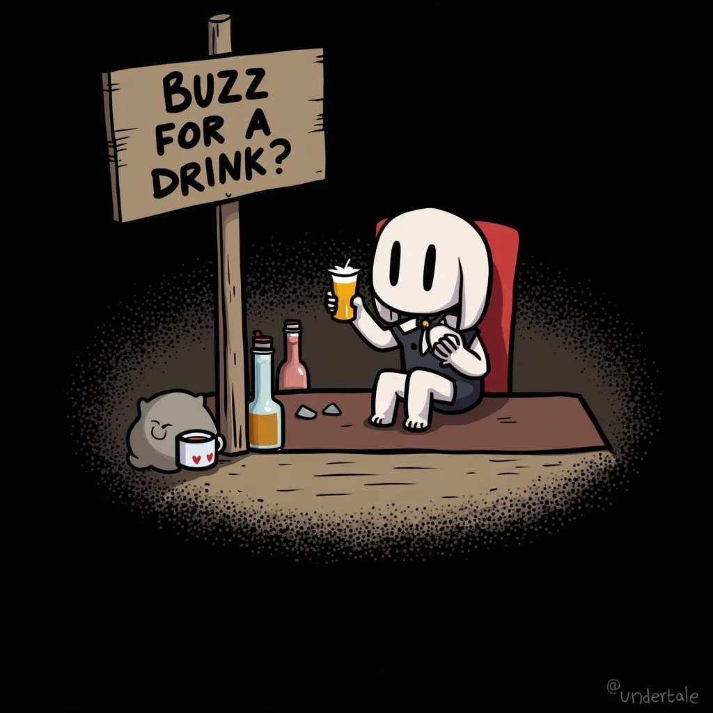 frisk_(undertale), bar, drink, counter, Sign that says "Buzz for a drink?"
