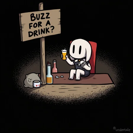 frisk_(undertale), bar, drink, counter, Sign that says "Buzz for a drink?"