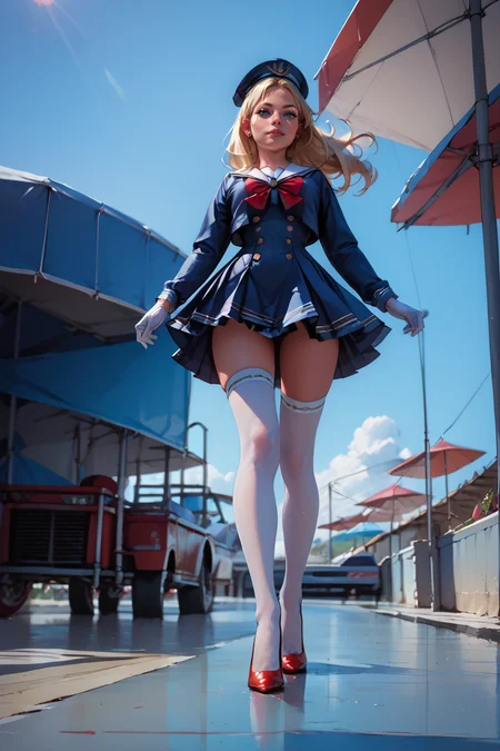 1woman, sexy, petite, skinny legs, long hair, blonde hair, <lora:Sailor:1> Jed-Salr, Navy Blue Mini Dress, White Trim, White Sailor Collar, Nautical Stripes, White Thigh-High Stockings, Red Heels, Sailor Hat, White Gloves, Sailor Cuffs, White Petticoat, walking on a coastline, viewer looking from below, upskirt,, score_9, score_8_up, score_7_up, score_6_up, score_5_up, score_4_up, <lora:K040790P:0.4> 040790P, woman, 24 years old, <lora:Breast Slider - Pony_alpha1.0_rank4_noxattn_last:1>, (tiny waist, flat stomach, narrow hips), <lora:Aesthetics_Enhancer_pony:0.8> EnhanceImage