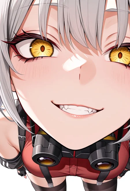 masterpiece, best quality,
belorta, twintails, short hair, gray hair, big breast, yellow eyes, evil grin, looking at viewer, black thighhighs, black skirt, red shirt, suspenders, bare shoulders, black arm sleeves, fingerless gloves, wearing binoculars on neck, black-high-collar, shoes, from below, (face close-up:3.5),