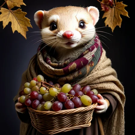 <lora:AnthropomorphicSDXL:1> Anthropomorphic, cinematic setting, The image shows a ferret wearing a scarf and holding a basket full of grapes surrounded by leaves in a dark background., basket, fruit, food, mouse, whiskers, no humans, grapes, animal, holding, solo