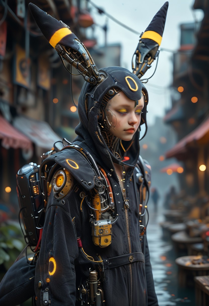score_9, score_8_up, score_7_up, score_6_up, score_5_up, score_4_up,
portrait,
(Umbreon:1.2), black body, yellow glowing tattoo, 
ears, hood up, onesie, tail,  umbr30n,
reelmech, mechanical parts, cable, wires, machinery, joints, 
mcnm