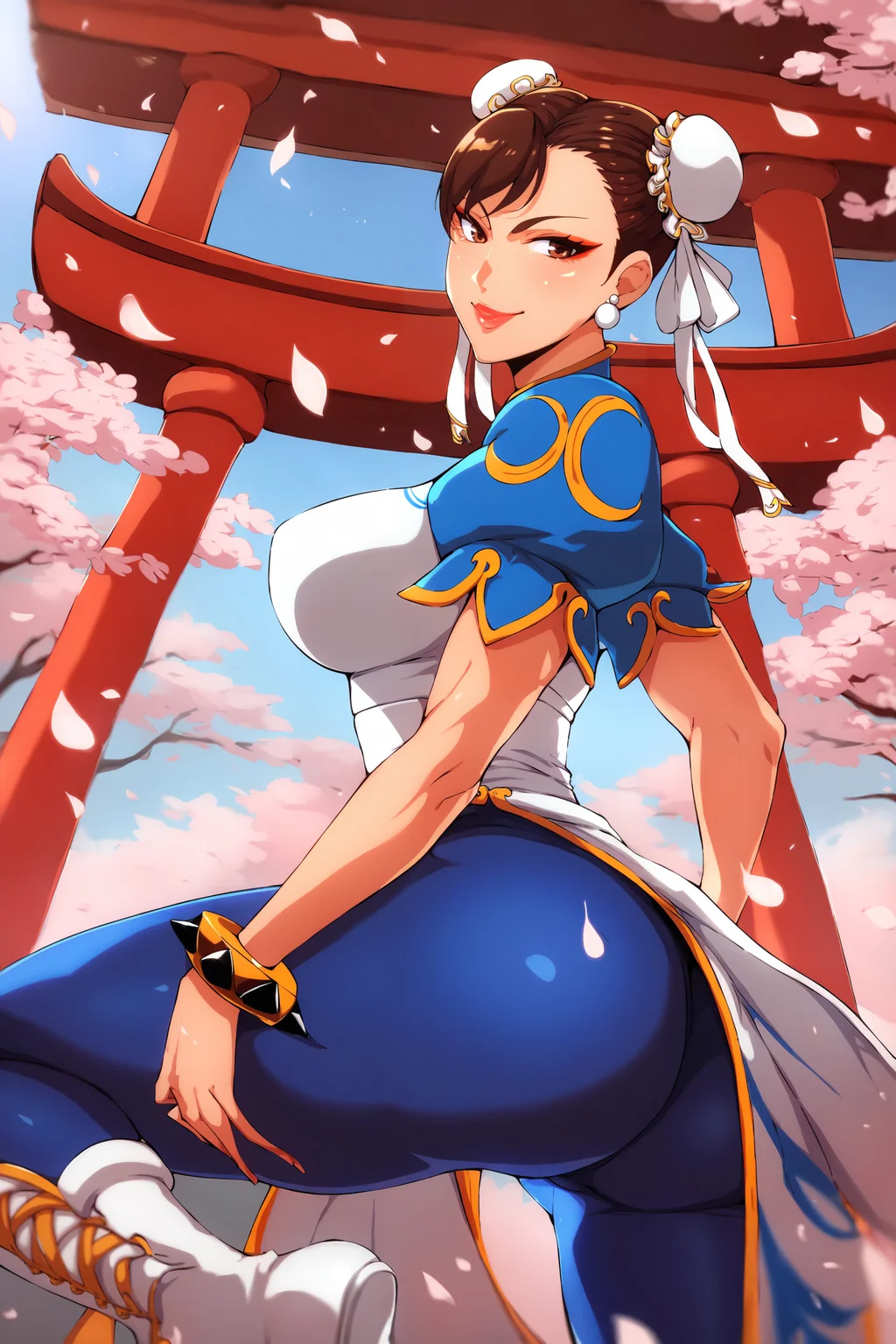 score_9, score_8_up, score_7_up, score_6_up, score_5_up, score_4_up, anime, source anime, theobrobinexl, shiny skin, dynamic angle, skindentation, deep skin, depth of field, high quality, highres,
BREAK
1girl,chun-li, hair bun, jewelry, solo, earrings, breasts, bracelet, cherry blossoms, dress, brown eyes, ass, brown hair, petals, hair ribbon, double bun, blue pants, large breasts, short sleeves, tight clothes, pearl earrings, ribbon, leg up, looking at viewer, lips, tight pants, leggings, makeup, smile, thighs, torii, standing on one leg
<lora:Theobrobine_StyleXL370:1>